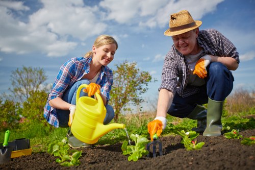 A woman and a man working together in a garden outdoor space, transplanting small leafy green plants into freshly cultivated dark soil. The woman, dressed in a blue plaid shirt, is smiling as she holds a yellow watering can and waters the plants, while the man, wearing a straw hat, plaid shirt, and orange gardening gloves, uses a small tool to assist with planting. In the background, there is a bright blue sky with a few clouds, and a natural landscape with trees and shrubs. The garden area features a well-maintained lawn, and the freshly prepared soil indicates active gardening or landscaping work, typical of outdoor maintenance services offered by businesses like lawnmowingstaines.co.uk in the Staines area. The scene captures a sunny, pleasant day ideal for gardening activities, reflecting a focus on plant care and outdoor enhancement consistent with professional gardening services.